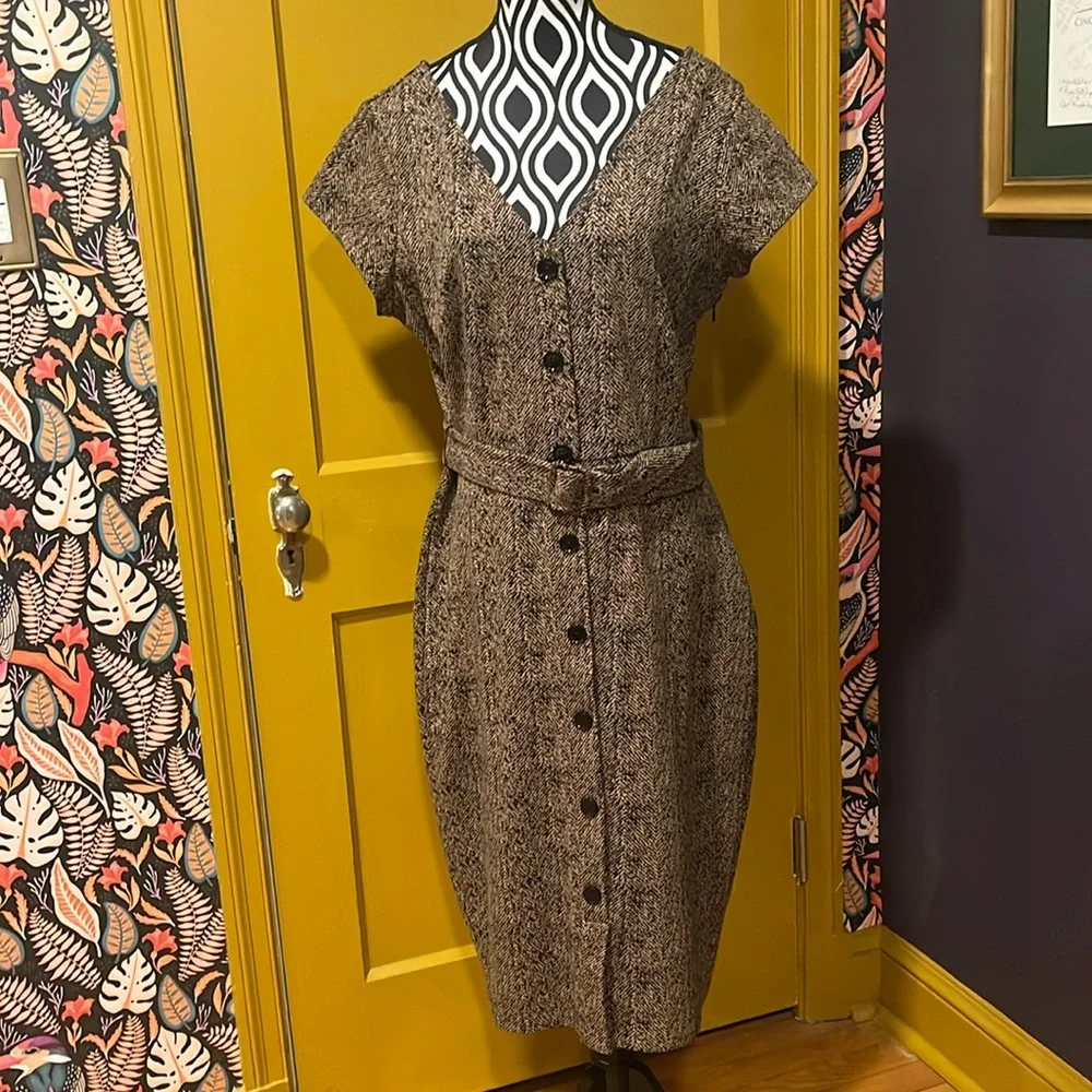 Express Size L Mocha & Black Faux Button-up Midi Dress - Picture 1 of 7